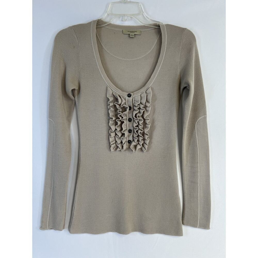 Burberry London Sweater Womens Small Taupe Merino Wool Ruffle Button Long Sleeve